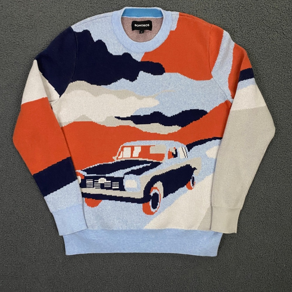 Bonobos Sweater Men Small Blue Orange Car Graphic Intarsia Knit Landscape Retro